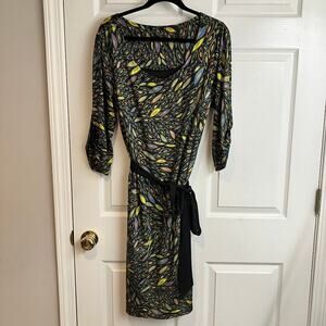 JETE FAB MID-CENTURY RETRO PRINT STRETCH DRESS, SELF-SASH DRESS Women's Size 1X